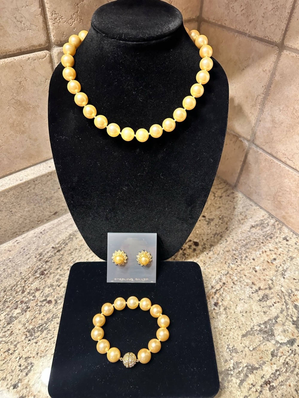 Pearlfection Golden South Sea Simulant Pearl Necklace, Bracelet & Sunburst Studs